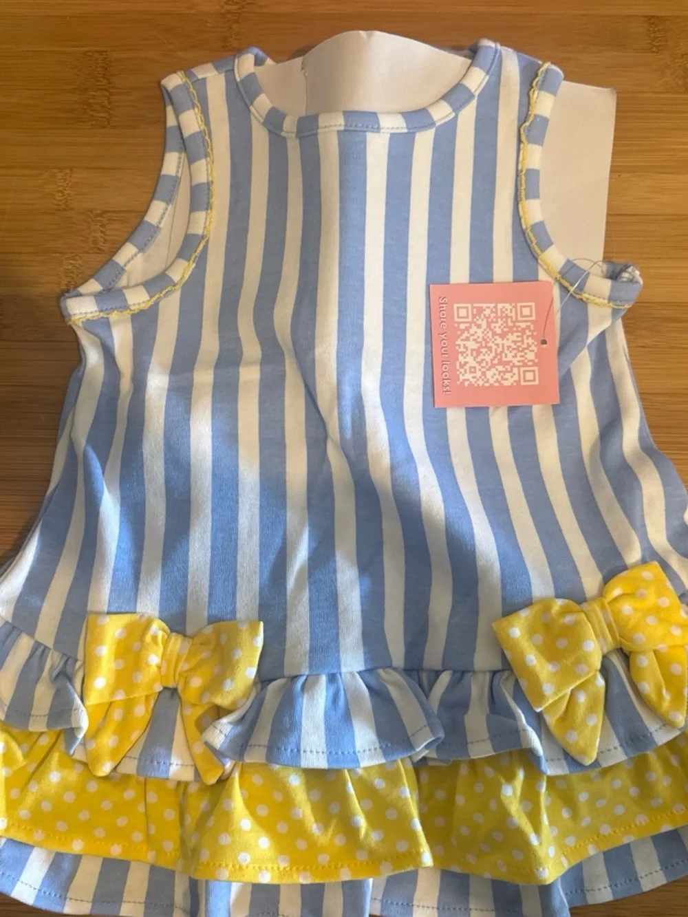 Rare Editions Blue and Yellow Striped Dress Set with Polka Dot Leggings